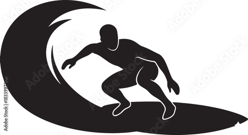 Black silhouette of surfer on surfboard on white background, vector