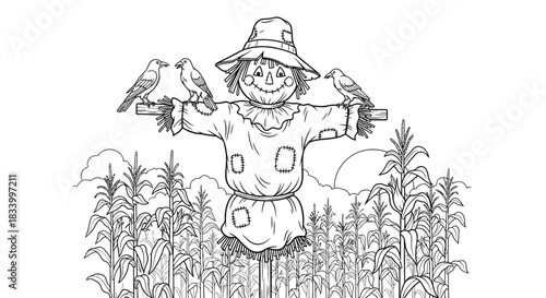 Cartoon Scarecrow in a Cornfield with Ravens Autumn Halloween Coloring Page