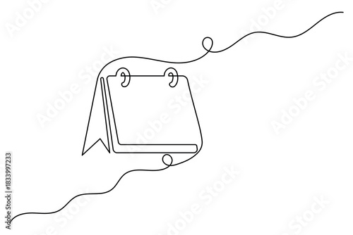 One continuous line drawing of a simple desk calendar with spiral binding on a white background, minimalist design concept