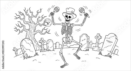 Cartoon Skeleton Dancing with Maracas in a Creepy Cemetery Coloring Page