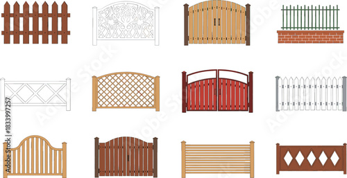Collection of decorative wooden and metal garden fence gates in various styles flat vector illustration set