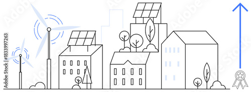 Sustainability, renewable energy, modern infrastructure, eco-friendly living, green technology, clean energy. Urban buildings with solar panels and wind turbines. Sustainability and renewable energy