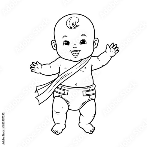 Charming Line Art of a Smiling Happy Baby Standing Upright While Wearing a Diaper