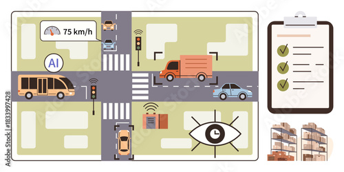AI systems tracking vehicle speed, traffic flow, and pedestrian safety signs. Ideal for smart cities, urban planning, automation, futuristic concepts, transportation optimization, safety insights