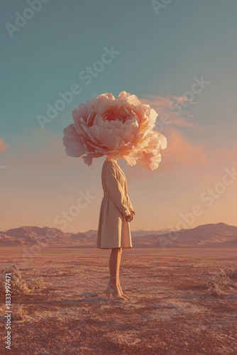 surreal scene of a person standing alone in a desert landscape at sunset with a giant blooming flower replacing the head, creating a dreamy symbolic atmosphere for artistic concept visuals