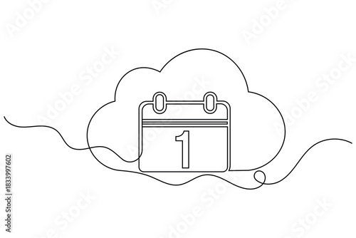 Continuous line art drawing of calendar with date 1 inside cloud symbol representing cloud storage, data scheduling.