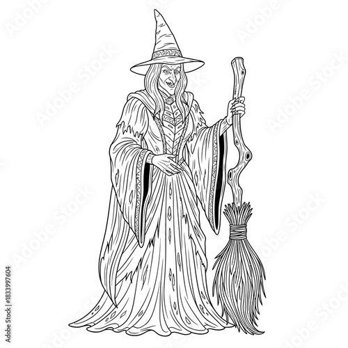 Traditional Witch Character with Broomstick and Staff in Long Robes Illustration