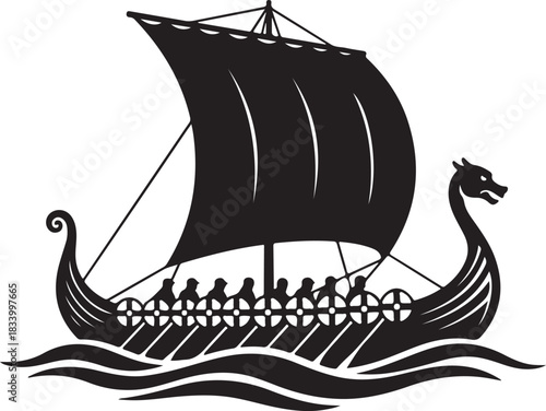 black silhouette of viking ship on white background, vector