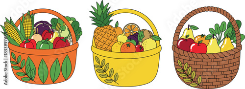 Colorful fruit and vegetable baskets vector illustration set showcasing fresh organic harvest and farm market produce