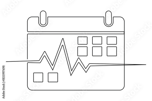 Continuous line drawing of a calendar with an electrocardiogram (ecg) heartbeat waveform, health tracking concept.