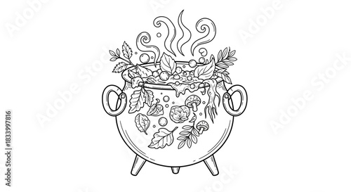Mystical Brewing Pot With Bubbling Herbs Mushrooms and Rising Steam Illustration