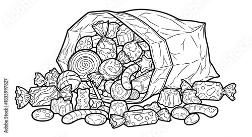 Decorative Bag Tipped Over Spilling a Cascade of Delicious Assorted Sweets and Candy