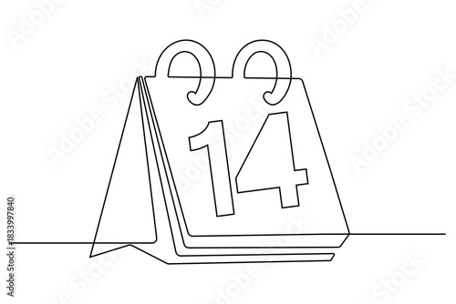 Continuous line drawing art of a desk calendar displaying number fourteen, representing important dates and scheduling events