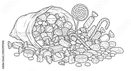 Black and White Illustration of Candy and Sweets Pouring Out of a Small Bag