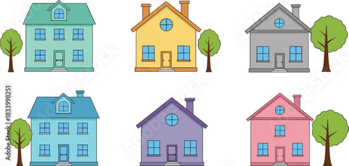 Colorful residential house icon vector illustration set with different home styles trees and facades