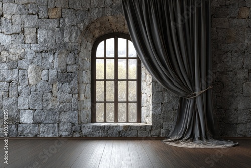 Aged stone interior features a tall arched window partially covered by heavy draped fabric