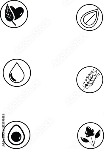 PrinA vector icon set featuring symbols for natural, organic, and vegan product certifications. Icons include a leaf heart, water drop, wheat sheaf, oil drop, split seed, and avocado.
