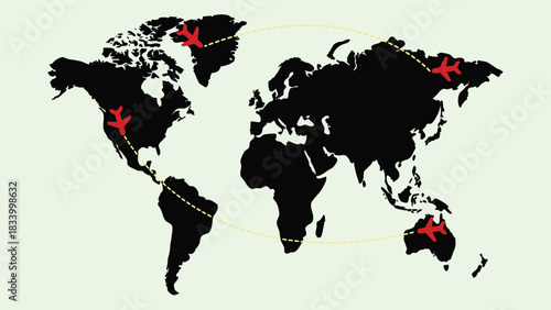 black colour traveling world map on white background