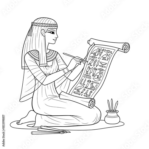 Ancient Egyptian Scribe Writing Hieroglyphics on a Tablet Line Art Illustration