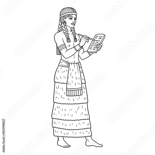 Ancient Egyptian Woman Holding a Tablet Etched with Hieroglyphics Line Art