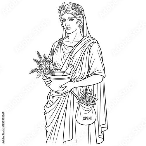Ancient Greek Goddess Holding Mortar and Pestle with Herbs and Healing Symbols