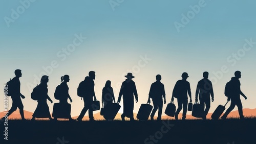 Silhouettes of diverse people walking together with luggage at sunset