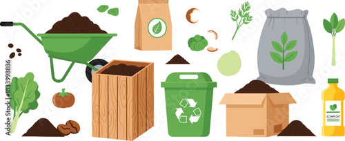 Compost and organic recycling vector illustration set showing food waste fertilizer bins and eco gardening elements