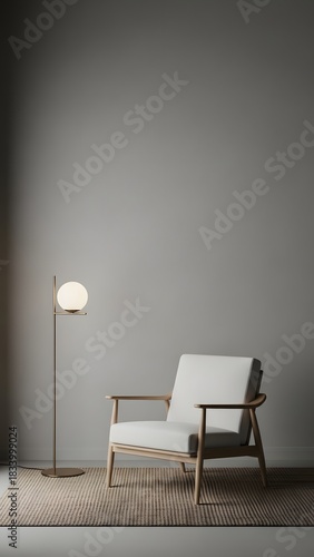Empty neutral living space with only a chair and a standing lamp, soft ambient lighting.