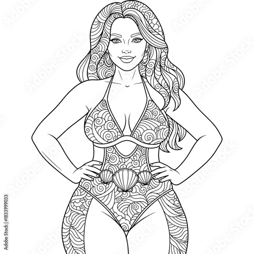 Beautiful Mermaid Inspired Swimsuit Line Art Coloring Page for Adult Relaxation