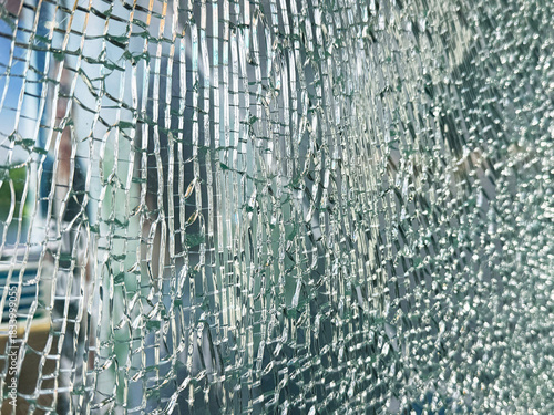 Cracked pattern of tempered laminated glass panel.