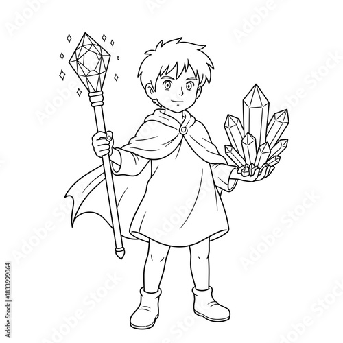 Young Boy Holding a Crystal Wand and a Cluster of Raw Gemstones Illustration