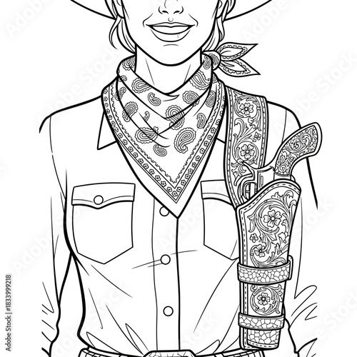 Close Up of Cowboy Fashion with Printed Bandana and Embroidered Leather Holster