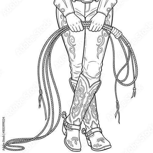 Classic Cowboy Holding a Coiled Lasso Rope Line Art Illustration