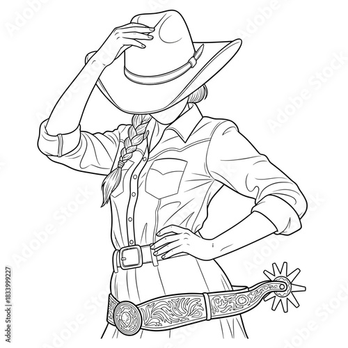 Cowgirl Inspired Fashion Illustration with Hat, Spur, and Braided Hairstyle
