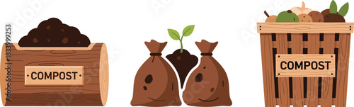 Compost collection vector illustration with wooden bins organic waste bags and eco friendly gardening elements