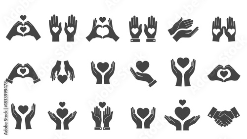 A collection of dark grey silhouette icons depicting hands forming heart shapes and holding hearts signifies care and charity.