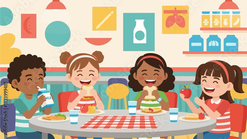 A delightful flat design illustration of four diverse school children happily sharing their lunch in a vibrant cafeteria setting. 