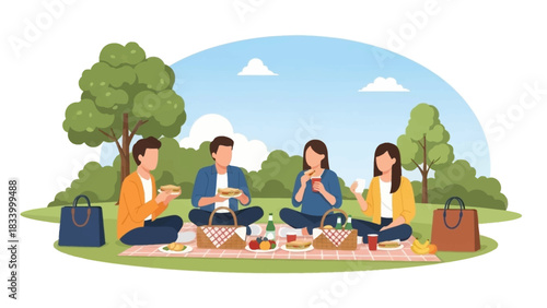 A delightful flat design illustration showing work friends enjoying a relaxed picnic lunch in a sunny park. This vector artwork captures the joy of outdoor social gatherings and team bonding.