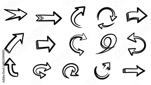Various hand-drawn doodle arrows displaying different curves, turns, and straight paths indicate movement and redirection on a white surface.
