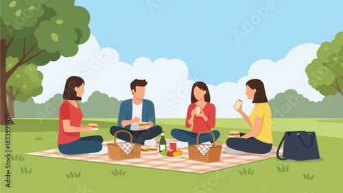 A delightful flat design illustration showing work friends enjoying a relaxed picnic lunch in a sunny park. This vector artwork captures the joy of outdoor social gatherings and team bonding.