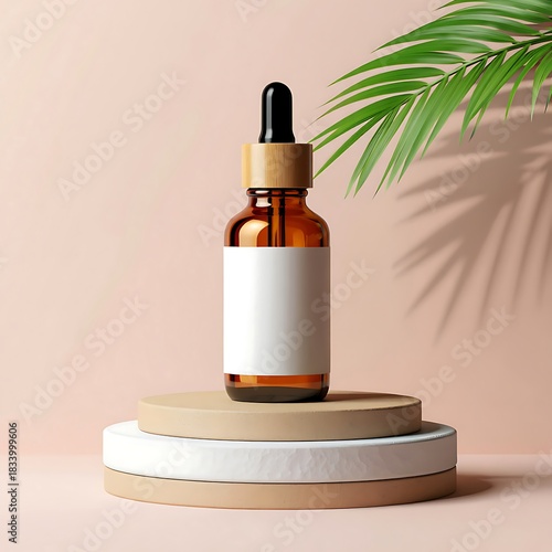 Minimalist Amber Dropper Bottle with Wooden   Natural Skincare Mockup