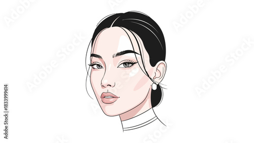 Stylized portrait of a woman with dark hair and light skin wearing an earring