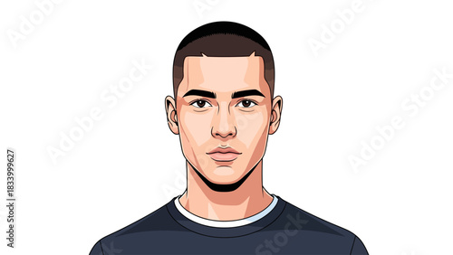 Stylized portrait of a young man with a buzz cut and dark shirt