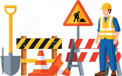 Construction worker road safety vector illustration with shovel traffic cones warning sign and striped barricades