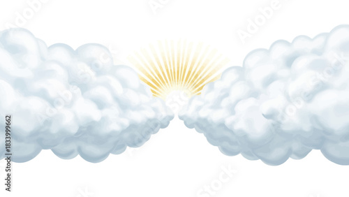 Sunbeams burst through fluffy white and blue clouds