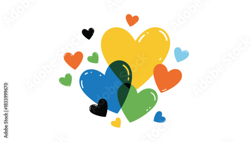 A cluster of brightly colored, glossy heart shapes overlaps playfully against a stark white background symbolizing diverse affection and joy.