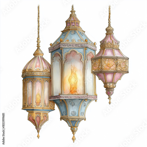 Hand-drawn watercolor illustration of ornate oriental lanterns with glowing light