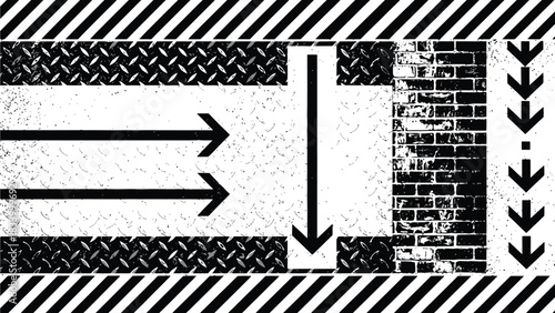 Abstract schematic diagram shows arrows indicating direction of flow through textured industrial channels leading toward a brick wall barrier.