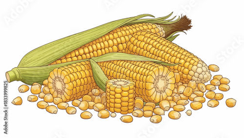 Three corn cobs and scattered kernels on a white background