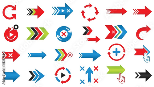A large set of assorted flat design arrow icons in red, blue, and green colors represents navigation, direction, and progress options.